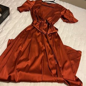 Rust color dress with long slit and tie around the waist